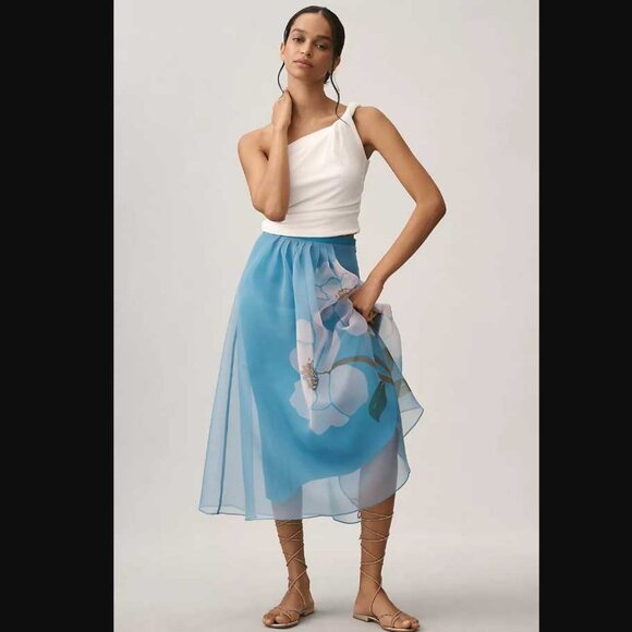 New XXS Farm Rio x Anthropologie Floral organza midi skirt in Blue Peony - Picture 1 of 9